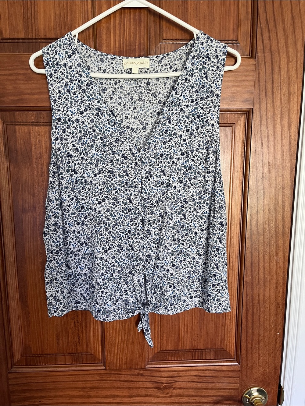 Cynthia Rowley Navy and White Floral Tie-Front Tank